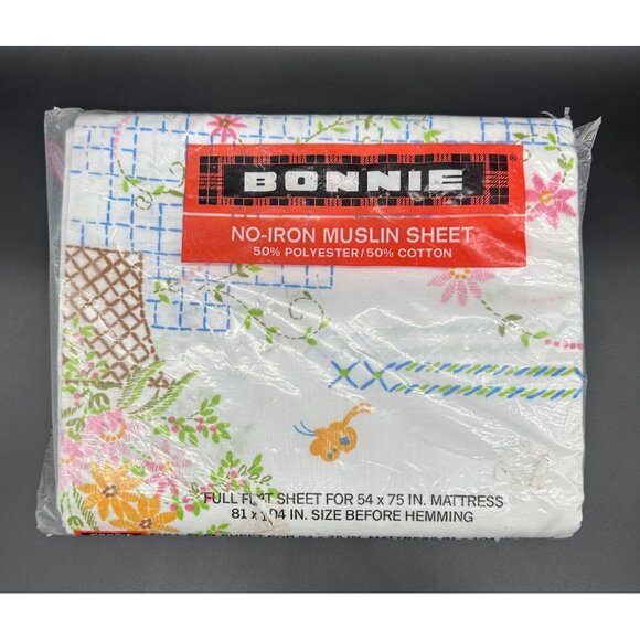 Vintage Full Flat Sheet Flower Basket Bonnie USA 1970s Cottagecore Cotton Blend - Picture 2 of 9